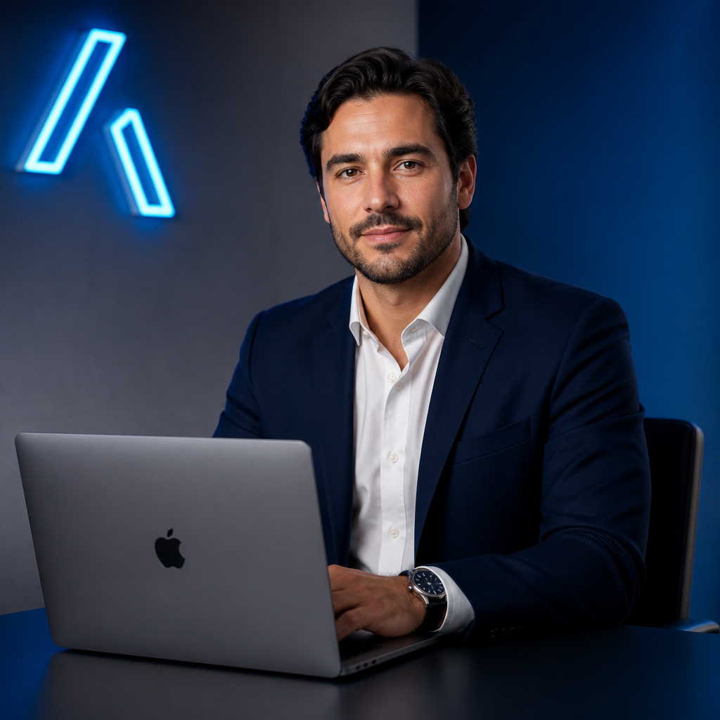 Empresário de sucesso gerenciando operações no MacBook