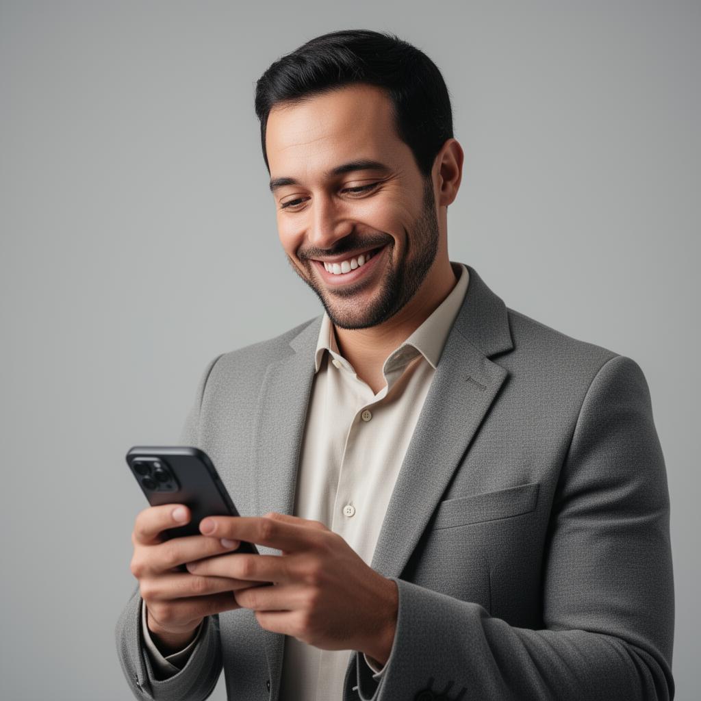 Empresário sorrindo enquanto usa o celular